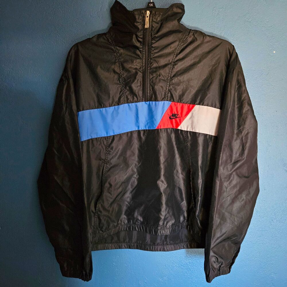 VTG 90s Nike Windbreaker Jacket Half Zip Pullover Mens L Black Blue Red White